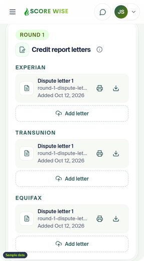 ScoreWise dashboard on a phone: round one dispute letters for Experian, TransUnion and Equifax, each with the date it was added (sample data)